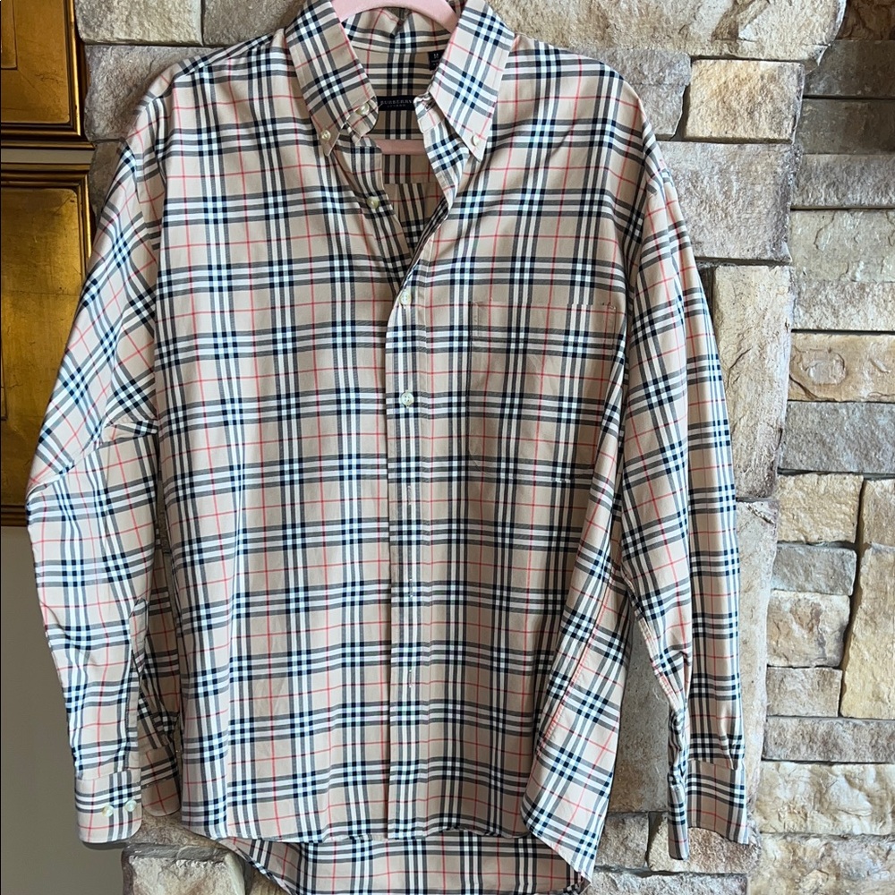 Burberry Beige and Black Plaid Button Down Shirt